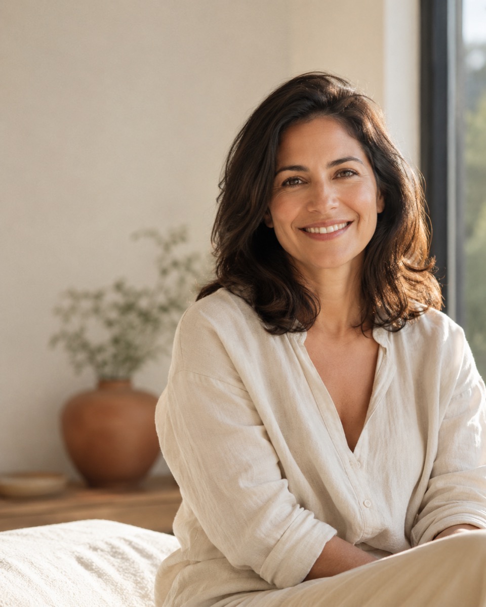Mulher sorrindo em um ambiente tranquilo e acolhedor