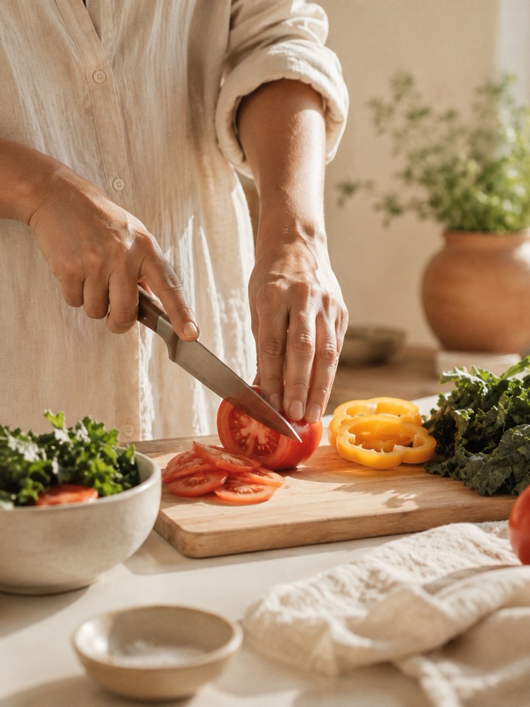 Mãos preparando uma refeição fresca na cozinha