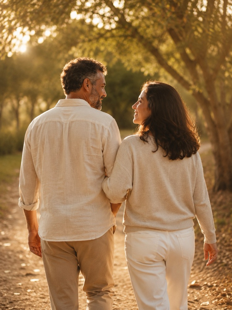 Casal caminhando ao ar livre ao entardecer