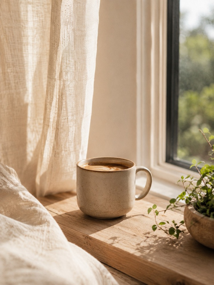 Xícara de café ao lado da janela pela manhã